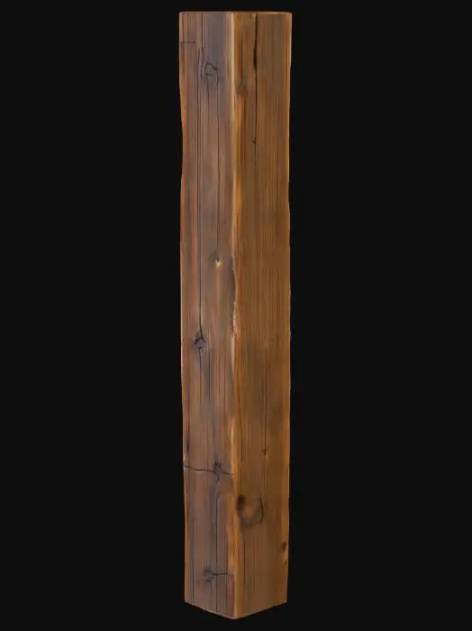 3D model for  extremely long vertical beam, very tall, 2,5m. rustic, medieval touch, cracks, uneven surface, glossy finish.
worn edges. weathered and aged, cracks, and knots on the wood. rough, heavy, and sturdy appearance with detailed wood fibers and natural imperfections. The design is simple but evokes a somber and dramatic mood
