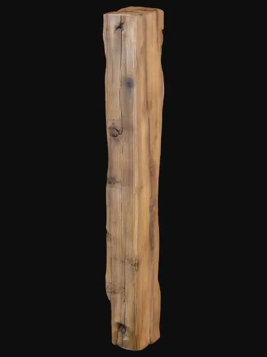 3D model for  long vertical beam, very tall. rustic, medieval touch, cracks, uneven surface, glossy finish.
worn edges. weathered and aged, cracks, and knots on the wood. rough, heavy, and sturdy appearance with detailed wood fibers and natural imperfections. The design is simple but evokes a somber and dramatic mood
