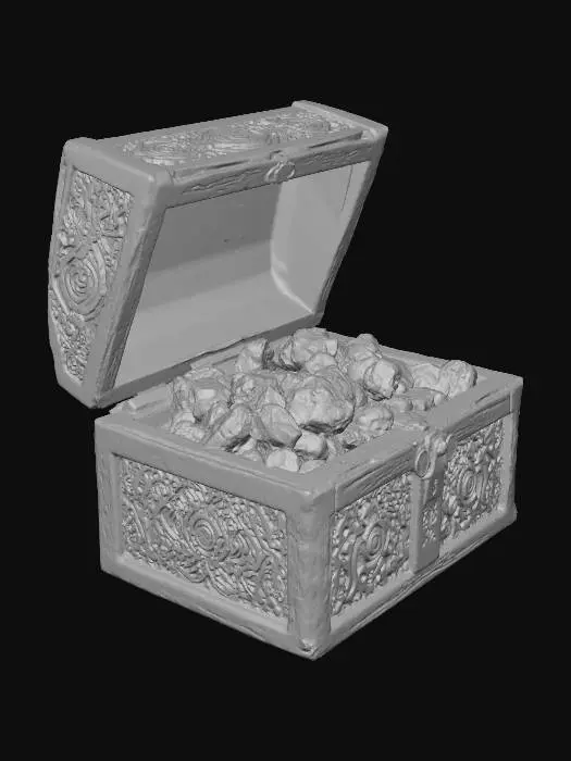 3D model for Black carved obsidian box with intricate engravings on surface with glowing lime green peridot crystals of varying sizes and polish and transparency