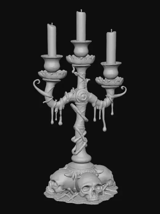 3D model for Create a highly detailed 3D model of creepy looking candelabra made from bones. The witch candelabra should be made of rusted, tarnished metal with a rugged, aged appearance. It has three candle holders, each with melted wax dripping down, and one candle is shorter as if it's been burning for a long time. The base is sturdy, decorated with subtle motifs like skulls or crossbones, partially eroded. The metal surface is pitted and corroded, giving a sense of age and used, slightly misshaped. Occult witch vibe