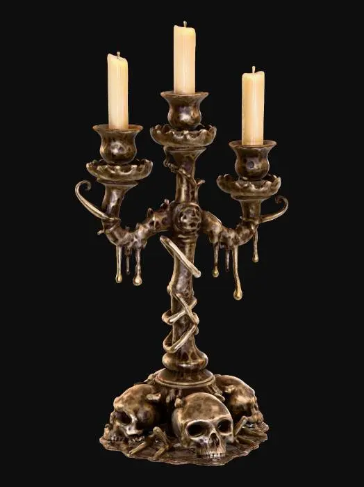 3D model for Create a highly detailed 3D model of creepy looking candelabra made from bones. The witch candelabra should be made of rusted, tarnished metal with a rugged, aged appearance. It has three candle holders, each with melted wax dripping down, and one candle is shorter as if it's been burning for a long time. The base is sturdy, decorated with subtle motifs like skulls or crossbones, partially eroded. The metal surface is pitted and corroded, giving a sense of age and used, slightly misshaped. Occult witch vibe