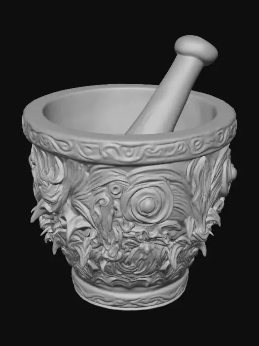 3D model for Evil looking Mortar and Pestle, made from stone, rough, damaged, ancient