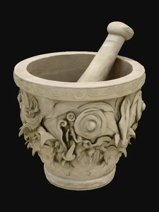 3D model for Evil looking Mortar and Pestle, made from stone, rough, damaged, ancient