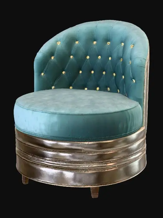 3D model for art deco armchair, greenish velvet fabric, round seat, tufted
