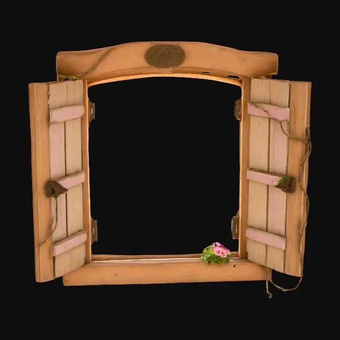 3D model for cottage rustic window frame in square format. with open blinds, wide open, also rustic charming. medieval style with some extra charming details.