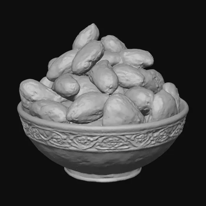 3D model for crunchy almond pralines in a bowl, make a classic elegant golden bowl with some decent ornaments, isolated on background,