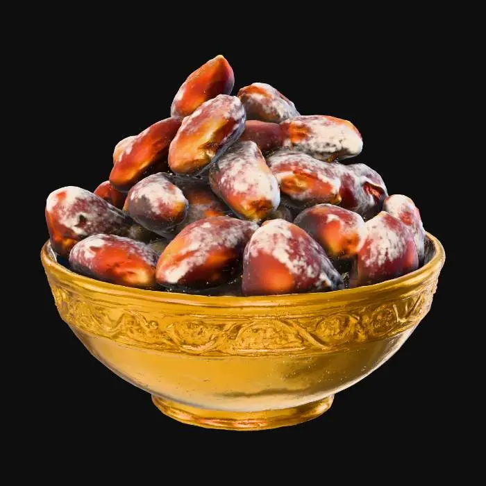 3D model for crunchy almond pralines in a bowl, make a classic elegant golden bowl with some decent ornaments, isolated on background,