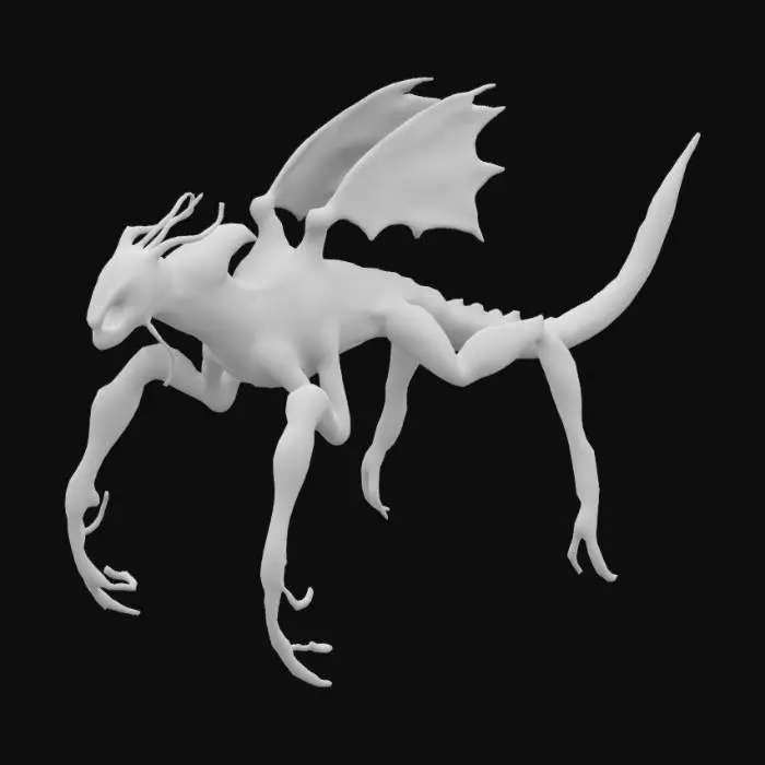 3D model for A highly detailed 3D model of a mystical, unknown creature for a survival adventure game. This majestic beast has a sleek, bioluminescent exoskeleton with glowing cyan veins, four powerful legs with sharp, retractable claws, and a long, prehensile tail covered in iridescent feathers. Its piercing, luminous eyes shift colors based on emotion. The creature moves gracefully with fluid animations: walking, running, attacking, and resting. Optimized for Unreal Engine 5 with realistic