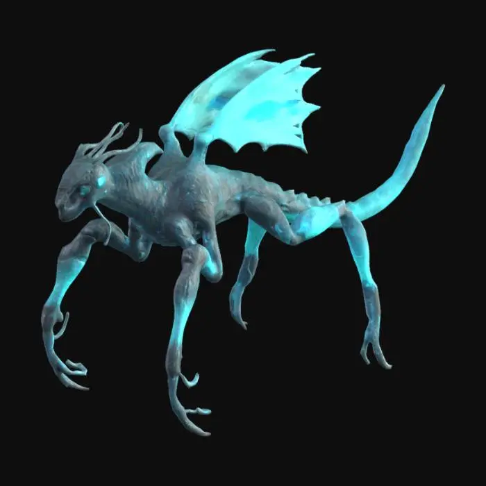 3D model for A highly detailed 3D model of a mystical, unknown creature for a survival adventure game. This majestic beast has a sleek, bioluminescent exoskeleton with glowing cyan veins, four powerful legs with sharp, retractable claws, and a long, prehensile tail covered in iridescent feathers. Its piercing, luminous eyes shift colors based on emotion. The creature moves gracefully with fluid animations: walking, running, attacking, and resting. Optimized for Unreal Engine 5 with realistic