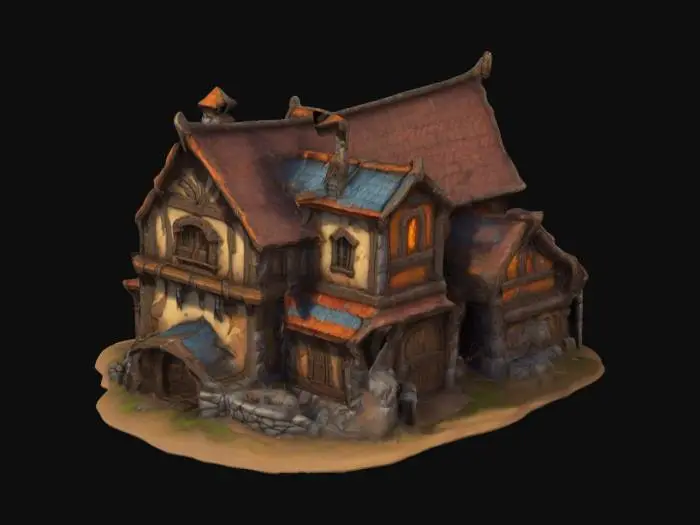 3D model for a full view of a world of warcraft-style barracks, seamless composite structure with no empty spaces, detailed design elements, vibrant colors, strategic layout suitable for an rts game, dynamic game environment.