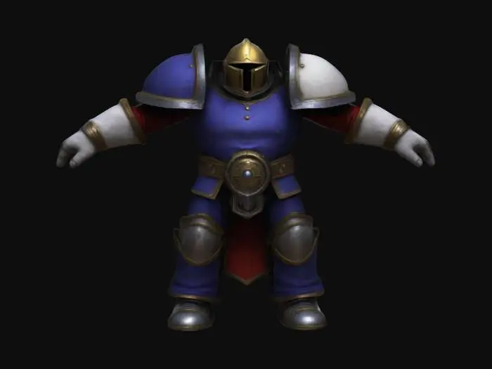 3D model for Warcraft 3 look a like human footman unit in T-Pose with empty hands and closed type helmet 