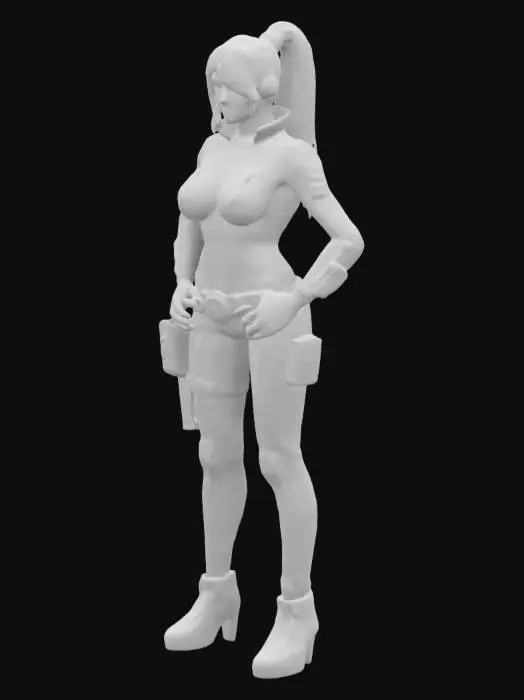 3D model for fantasy steampunk female technologist, arms around body or on hips or resting on torso, dressed in steampunk style jumpsuit, various devices with alarms attached to body, devices slightly glowing, pensive stance, long or short but groomed hair, extremely detailed, high resolution texture, epic stance