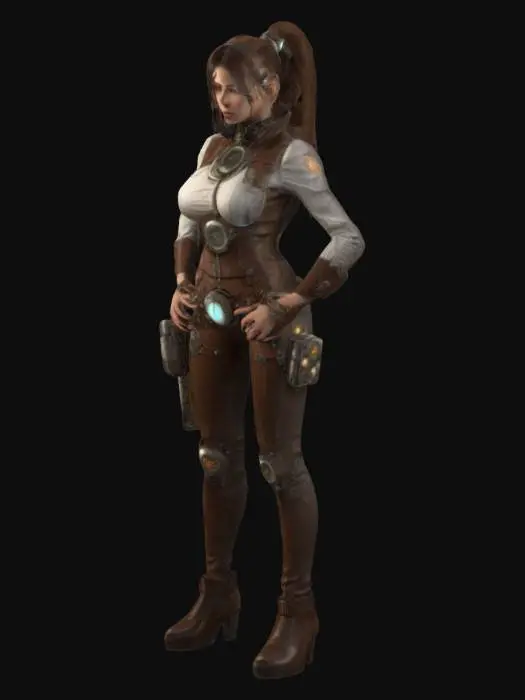 3D model for fantasy steampunk female technologist, arms around body or on hips or resting on torso, dressed in steampunk style jumpsuit, various devices with alarms attached to body, devices slightly glowing, pensive stance, long or short but groomed hair, extremely detailed, high resolution texture, epic stance