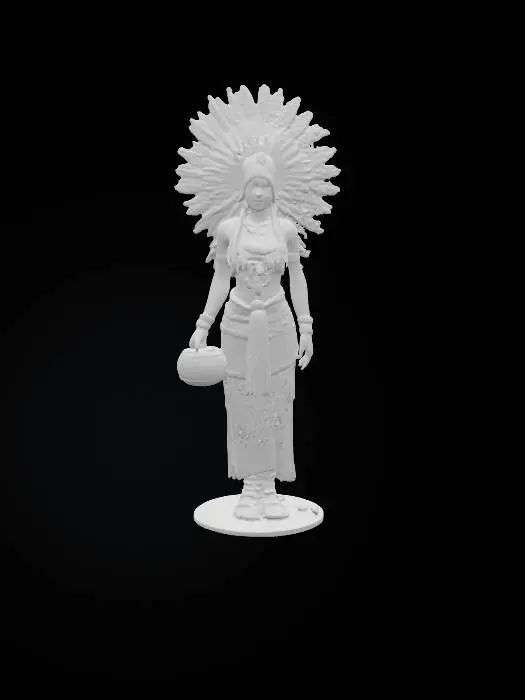3D model for A 3D model of Tonantzin, the Aztec mother goddess, revered as earth and fertility. She should appear as a majestic woman dressed in richly embroidered garments of turquoise, red, and gold. Her headdress is feathered, with the solar disk behind her head glowing as a radiant aura. She holds maize stalks in one hand and a clay vessel in the other, symbols of nourishment and abundance. At her feet are blooming flowers and flowing water, representing life’s renewal. Her face is serene yet powerful, embodying both nurturing mother and cosmic creator, foreshadowing her later syncretism with the Virgin of Guadalupe.