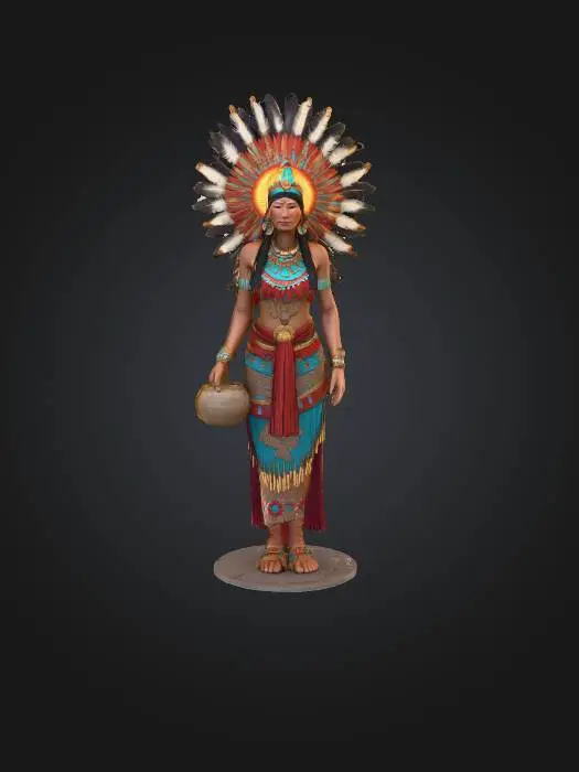 3D model for A 3D model of Tonantzin, the Aztec mother goddess, revered as earth and fertility. She should appear as a majestic woman dressed in richly embroidered garments of turquoise, red, and gold. Her headdress is feathered, with the solar disk behind her head glowing as a radiant aura. She holds maize stalks in one hand and a clay vessel in the other, symbols of nourishment and abundance. At her feet are blooming flowers and flowing water, representing life’s renewal. Her face is serene yet powerful, embodying both nurturing mother and cosmic creator, foreshadowing her later syncretism with the Virgin of Guadalupe.