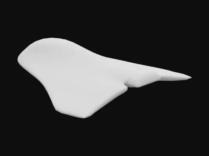 3D model for Stylizowany statek kosmiczny o eleganckiej, opływowej formie, zabarwiony na ciepły kremowy kolor z energetycznymi, pomarańczowymi akcentami. Większość jego powierzchni jest matowa, co nadaje mu subtelny i nowoczesny wygląd, z minimalnym połyskiem. Na górze statku znajduje się gładka, przezroczysta szklana kopuła, pełniąca rolę szyby kokpitu, przez którą można by patrzeć w kosmos, choć wnętrze pozostaje niewidoczne. Całość wykonana jest z kompozytowego materiału, który jest gładki i przyjemny w dotyku, absorbujący światło.