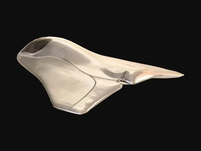 3D model for Stylizowany statek kosmiczny o eleganckiej, opływowej formie, zabarwiony na ciepły kremowy kolor z energetycznymi, pomarańczowymi akcentami. Większość jego powierzchni jest matowa, co nadaje mu subtelny i nowoczesny wygląd, z minimalnym połyskiem. Na górze statku znajduje się gładka, przezroczysta szklana kopuła, pełniąca rolę szyby kokpitu, przez którą można by patrzeć w kosmos, choć wnętrze pozostaje niewidoczne. Całość wykonana jest z kompozytowego materiału, który jest gładki i przyjemny w dotyku, absorbujący światło.