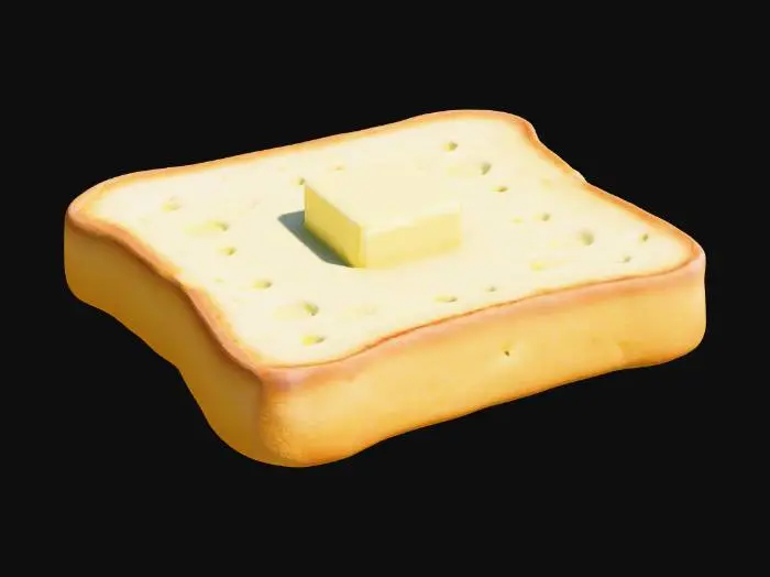 3D model for Stylizowany, lekko opieczony tost o idealnie kwadratowym kształcie i grubości. Powierzchnia ma złocistobrązowy kolor, gładką teksturę z widocznymi drobnymi porami chleba. Na wierzchu leży mała, błyszcząca kostka masła o jasnożółtym odcieniu, wyglądająca na miękką i rozpływającą się. Całość jest solidna, ale z wyglądu chrupiąca.