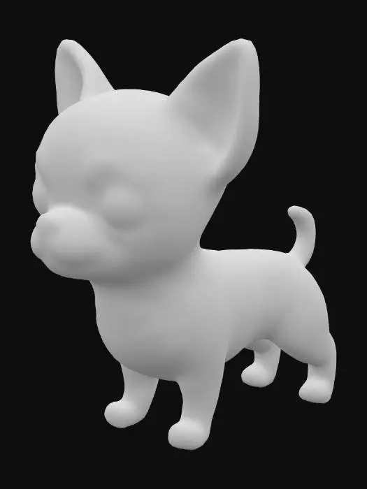 3D model for Uroczy, stylizowany piesek rasy chihuahua, stojący na wszystkich czterech, drobnych łapkach, o bajkowej, gładkiej fakturze przypominającej delikatną ceramikę lub miękki plusz. Jego sierść jest w ciepłym, intensywnym odcieniu brązu, z wyraźnymi kremowymi plamkami nad brwiami, nadającymi mu słodki wyraz. Charakterystyczne podpalenia w jasnym, kremowym kolorze zdobią jego delikatną klatkę piersiową, pyszczek i małe łapki. Ma zaokrąglone kształty, duże, lśniące oczy i podniesione uszka, co podkreśla jego figlarną postawę.