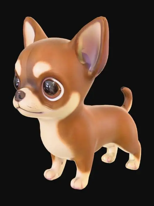 3D model for Uroczy, stylizowany piesek rasy chihuahua, stojący na wszystkich czterech, drobnych łapkach, o bajkowej, gładkiej fakturze przypominającej delikatną ceramikę lub miękki plusz. Jego sierść jest w ciepłym, intensywnym odcieniu brązu, z wyraźnymi kremowymi plamkami nad brwiami, nadającymi mu słodki wyraz. Charakterystyczne podpalenia w jasnym, kremowym kolorze zdobią jego delikatną klatkę piersiową, pyszczek i małe łapki. Ma zaokrąglone kształty, duże, lśniące oczy i podniesione uszka, co podkreśla jego figlarną postawę.