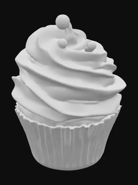 3D model for Urocza, stylizowana babeczka z kremowym, wysoko ułożonym lukrem w kształcie spirali, przypominającym miękką chmurkę. Lukier ma jasnożółty kolor i lekko lśniącą powierzchnię, ozdobioną błyszczącymi, drobnymi perełkami cukrowymi. Podstawa babeczki jest ciemnozłota, z delikatnie chropowatą teksturą, a całość prezentuje się bardzo przytulnie i apetycznie.