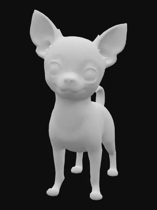 3D model for Uroczy piesek chihuahua, stylizowany i rysunkowy, jak postać z klasycznych starych bajek Disneya. Stoi stabilnie na czterech łapkach normalnej długości. Gładka sierść w głębokim kolorze ciemnej czekolady pokrywa jego ciało. Kremowe podpalenia zdobią pyszczek, klatkę piersiową i łapki. Charakterystyczne kremowe plamki nad brwiami nadają mu słodki, animowany wyraz. Posiada zwyczajne, proporcjonalne kształty, z matowymi oczkami i podniesionymi uszkami, podkreślającymi jego łagodny charakter.