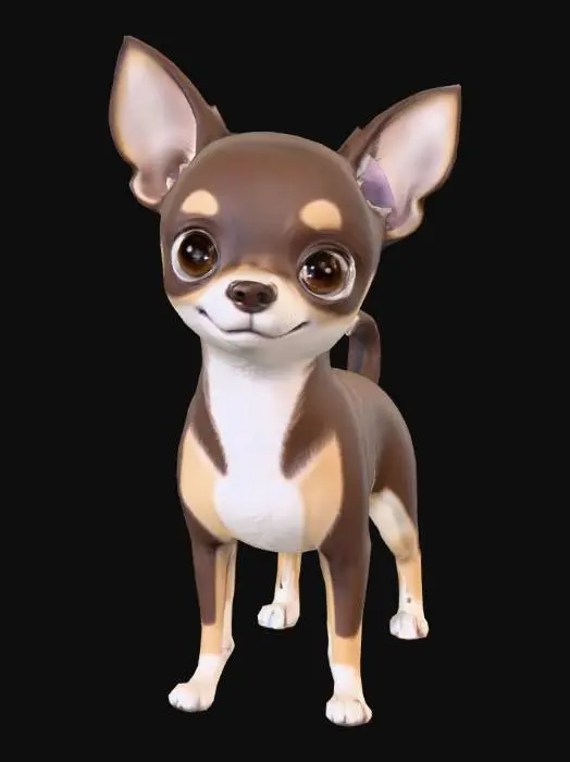 3D model for Uroczy piesek chihuahua, stylizowany i rysunkowy, jak postać z klasycznych starych bajek Disneya. Stoi stabilnie na czterech łapkach normalnej długości. Gładka sierść w głębokim kolorze ciemnej czekolady pokrywa jego ciało. Kremowe podpalenia zdobią pyszczek, klatkę piersiową i łapki. Charakterystyczne kremowe plamki nad brwiami nadają mu słodki, animowany wyraz. Posiada zwyczajne, proporcjonalne kształty, z matowymi oczkami i podniesionymi uszkami, podkreślającymi jego łagodny charakter.