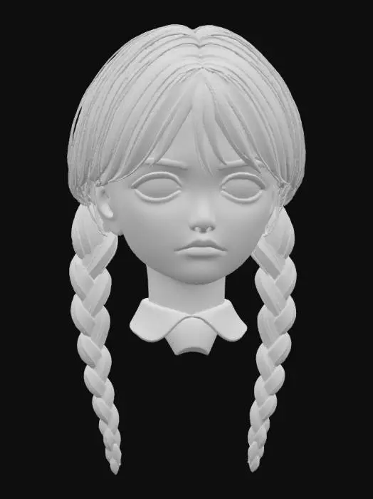 3D model for Kobieca postać o niezbyt wysokiej sylwetce, charakteryzująca się bladą cerą i lekko zasępionym grymasem na twarzy. Jej włosy uformowane są w dwa grube, czarne warkocze, które opadają symetrycznie. Ubiór jest prosty, z wyraźnymi detalami tkaniny. Całość tworzy melancholijny, lecz wyrazisty wygląd.
