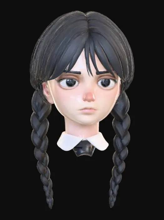 3D model for Kobieca postać o niezbyt wysokiej sylwetce, charakteryzująca się bladą cerą i lekko zasępionym grymasem na twarzy. Jej włosy uformowane są w dwa grube, czarne warkocze, które opadają symetrycznie. Ubiór jest prosty, z wyraźnymi detalami tkaniny. Całość tworzy melancholijny, lecz wyrazisty wygląd.