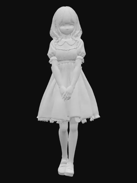 3D model for Słodka dziewczyna anime o delikatnych rysach twarzy. Jej różowe włosy sięgają ramion i są uzupełnione prostą grzywką, miękko opadającą na czoło. Posiada wyraziste zielone oczy, a na jej twarzy widoczny jest lekko zawstydzony wyraz, z delikatnym rumieńcem na policzkach. Ubrana jest w uroczą sukienkę o tematyce truskawkowej, wykonaną z gładkiego, lekkiego materiału z drobnymi detalami truskawek.