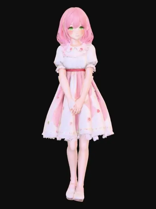 3D model for Słodka dziewczyna anime o delikatnych rysach twarzy. Jej różowe włosy sięgają ramion i są uzupełnione prostą grzywką, miękko opadającą na czoło. Posiada wyraziste zielone oczy, a na jej twarzy widoczny jest lekko zawstydzony wyraz, z delikatnym rumieńcem na policzkach. Ubrana jest w uroczą sukienkę o tematyce truskawkowej, wykonaną z gładkiego, lekkiego materiału z drobnymi detalami truskawek.