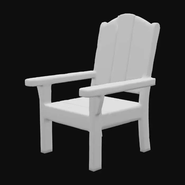 3D model for Stylizowane, drewniane krzesło ogrodowe o prostych, ale urokliwych kształtach, noszące ślady delikatnego zniszczenia. Wykonane z litego drewna, o barwie wyblakłego, ciepłego brązu lub szarawego dębu, z widocznymi słojami. Jego powierzchnia jest matowa i szorstka w dotyku, z drobnymi rysami, przetarciami i lekko rozwarstwionymi włóknami, które dodają mu charakteru i świadczą o jego historii. Konstrukcja jest solidna, ale krawędzie są lekko zaokrąglone i zmiękczone upływem czasu.