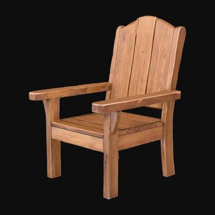 3D model for Stylizowane, drewniane krzesło ogrodowe o prostych, ale urokliwych kształtach, noszące ślady delikatnego zniszczenia. Wykonane z litego drewna, o barwie wyblakłego, ciepłego brązu lub szarawego dębu, z widocznymi słojami. Jego powierzchnia jest matowa i szorstka w dotyku, z drobnymi rysami, przetarciami i lekko rozwarstwionymi włóknami, które dodają mu charakteru i świadczą o jego historii. Konstrukcja jest solidna, ale krawędzie są lekko zaokrąglone i zmiękczone upływem czasu.