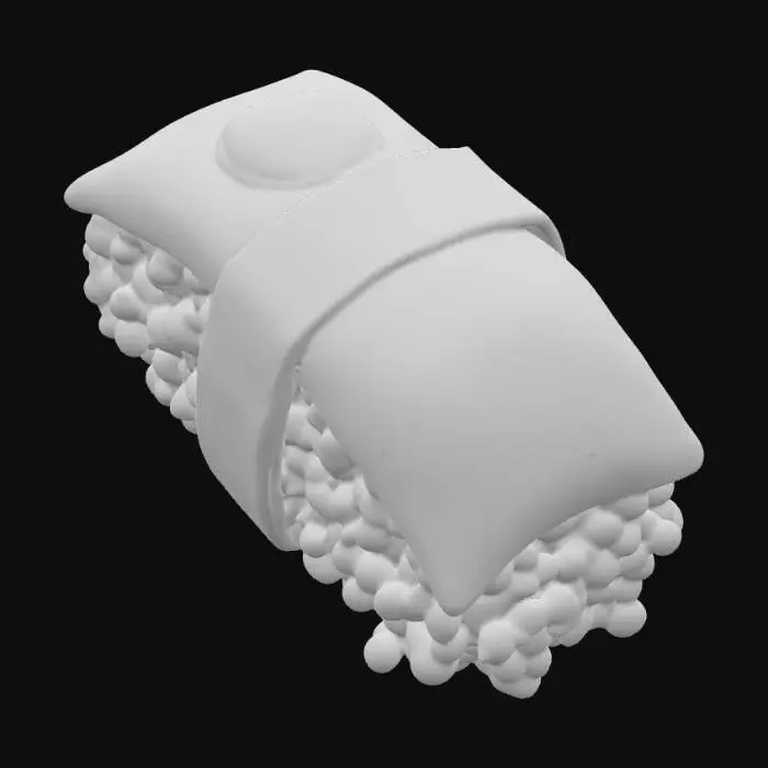 3D model for Stylizowana, wesoła rolka sushi o prostym, cylindrycznym kształcie. Ryż jest gładki i biały, z delikatnym, lekko lepkawym wyglądem. Ciemnozielony pasek nori oplata go w idealnym pierścieniu. W środku znajduje się małe, pomarańczowe kółko imitujące łososia, a całość jest kompaktowa i sprężysta, sprawiając wrażenie pysznej przekąski.