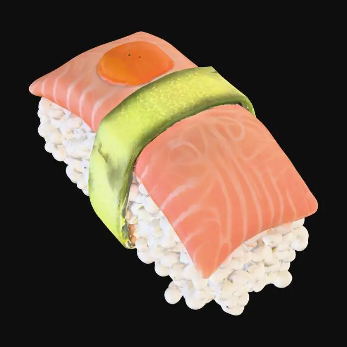 3D model for Stylizowana, wesoła rolka sushi o prostym, cylindrycznym kształcie. Ryż jest gładki i biały, z delikatnym, lekko lepkawym wyglądem. Ciemnozielony pasek nori oplata go w idealnym pierścieniu. W środku znajduje się małe, pomarańczowe kółko imitujące łososia, a całość jest kompaktowa i sprężysta, sprawiając wrażenie pysznej przekąski.