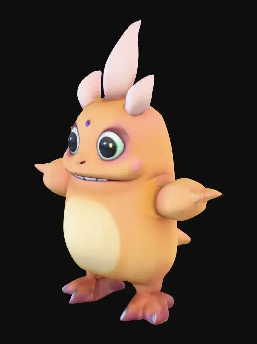 3D model for A small Digimon-style monster in its very first form before any evolutions, with a cute and simple appearance, resembling a tiny digital mascot. Its body is round and smooth, with a slightly oversized head that gives it a childlike look. The eyes are large and expressive, glowing softly with a digital shine, while the mouth is small and friendly. Subtle details like faint glowing lines or digital markings on its body hint at the hidden power it may unlock in future evolutions. The model must be in T-Pose, with arms stretched out and legs aligned, ready for a rig and animation skeleton.
