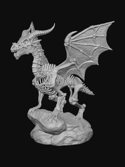 3D model for #Halloween2025#, A highly detailed 3D model of a dragon skeleton figurine, crafted from a coarse, granular sandy-brown material resembling aged sandstone or fossilized bone. The skeletal structure includes an articulated spine, rib cage, skull with prominent horns and hollow eye sockets, and large textured wings. The dragon is perched on an irregularly shaped, craggy rock base, all exhibiting a uniform earthy color and rough, tactile surface texture, with soft lighting defining its intricate forms.