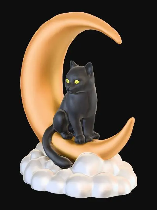 3D model for A stylized 3D model of a sleek, matte black cat with piercing yellow eyes, perched gracefully on a pristine yello crescent moon. The moon is smooth and rounded, emerging from a base of soft, puffy white clouds, all rendered with a clean, minimalist aesthetic. The overall composition features gentle, even lighting, creating subtle shadows that enhance the volumetric forms of the cat, moon, and whimsical cloud structure, evoking a dreamy, simple art style. plain background
#Halloween2025#, RIP Kitty I miss you
