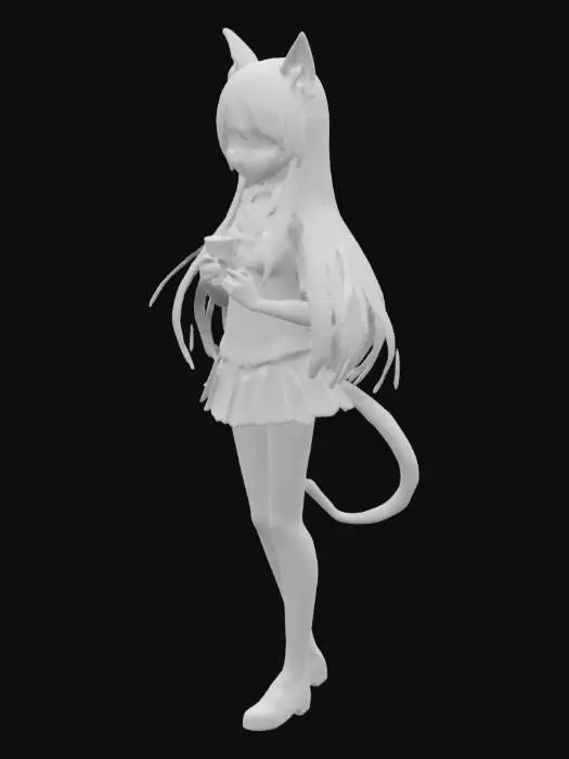 3D model for Anime high school girl sipping boba tea. Cute. With brown hair and white cat ears. She is really pretty. Her face is clean. Full body and not chibi.