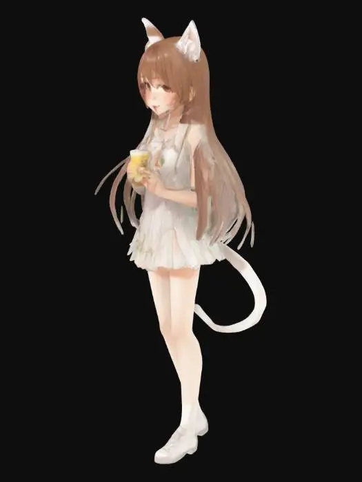 3D model for Anime high school girl sipping boba tea. Cute. With brown hair and white cat ears. She is really pretty. Her face is clean. Full body and not chibi.