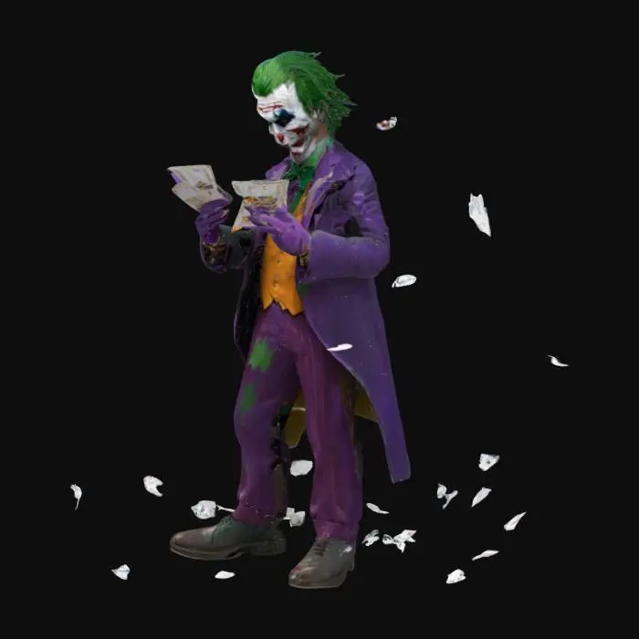 3D model for "Create a dramatic scene featuring the Joker in a dimly lit, abandoned amusement park. He is playing with a stack of credit cards, shuffling them like a magician as he tosses some into the air. Each card has the name 'BINS CC HUB' prominently displayed on it, fluttering down like confetti. The Joker says, 'Join the madness at BINS CC HUB for the best deals!' The scene closes with a shot of the carousel spinning faster, the cards swirling around, inviting viewers to join your Telegram group."