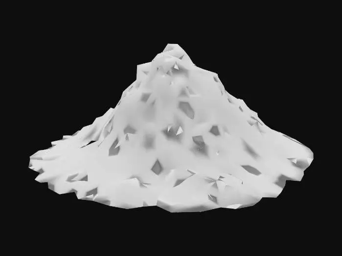 3D model for Pile of ash, burnt to a crisp, somewhat of a cone shape, in dark grey coal like texture, vulcanic stone at the very bottom at the surface. hollow design. Black fade from ground up, towards dark grey ash colors.