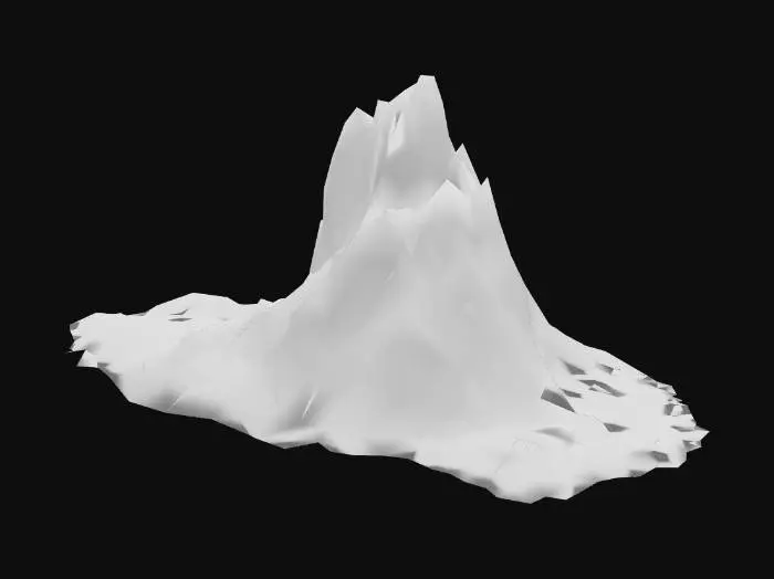 3D model for Pile of ash, burnt to a crisp, somewhat of a cone shape, in dark grey coal like texture, vulcanic stone at the very bottom at the surface. hollow design. Black fade from ground up, towards dark grey ash colors.