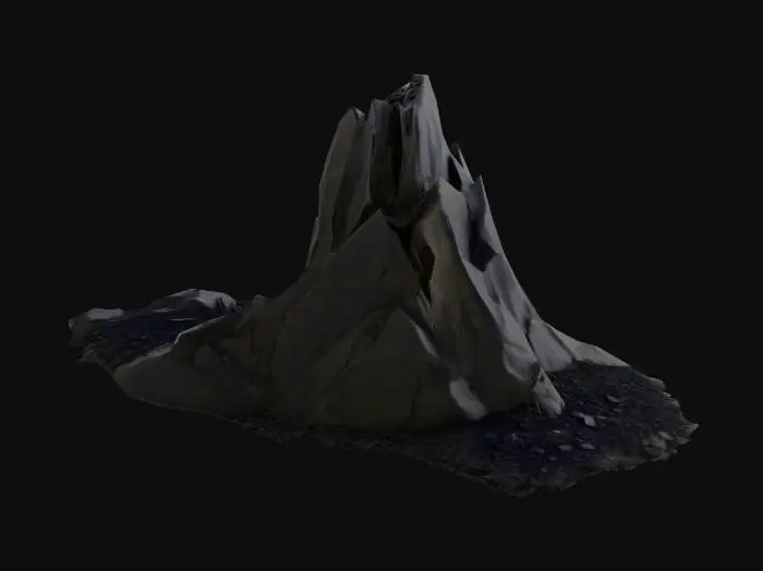 3D model for Pile of ash, burnt to a crisp, somewhat of a cone shape, in dark grey coal like texture, vulcanic stone at the very bottom at the surface. hollow design. Black fade from ground up, towards dark grey ash colors.