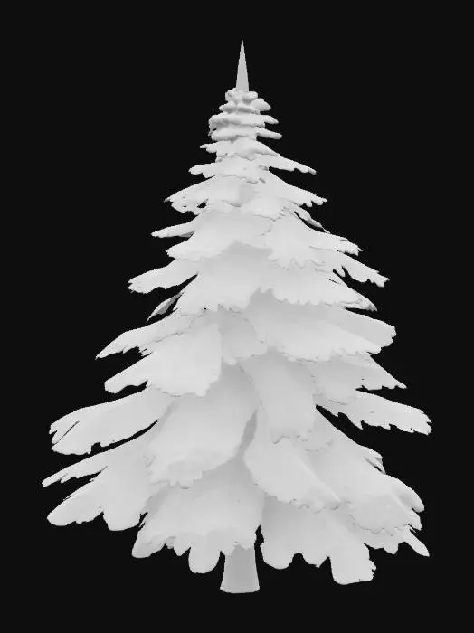 3D model for Low polygon. Pine tree covered with snow on top. Clear ground with long trunk. Thick and robust tree, dense design.