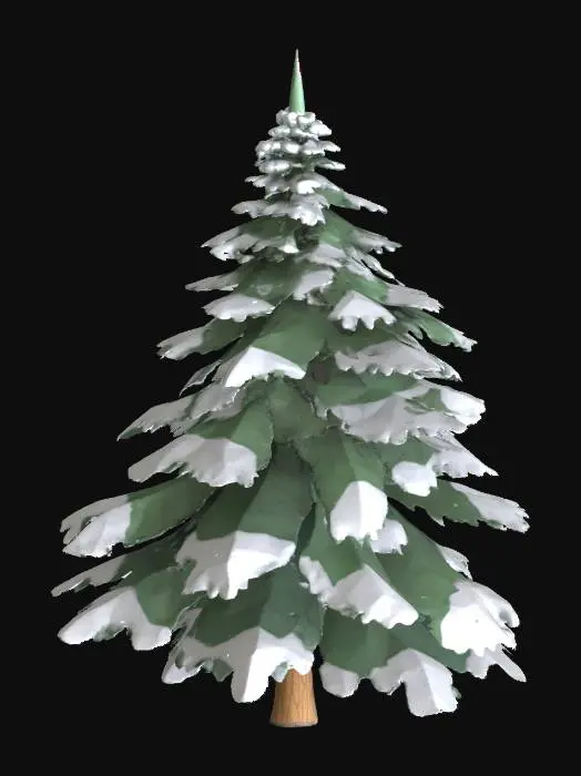 3D model for Low polygon. Pine tree covered with snow on top. Clear ground with long trunk. Thick and robust tree, dense design.