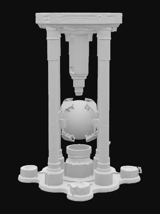 3D model for Dark science fiction engine in the shape of a barrel and obelisk in one with a core of purple and black orb inside floating between 4 pillars, four tubes stretching from the ground up to the top. 