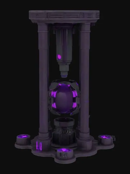 3D model for Dark science fiction engine in the shape of a barrel and obelisk in one with a core of purple and black orb inside floating between 4 pillars, four tubes stretching from the ground up to the top. 