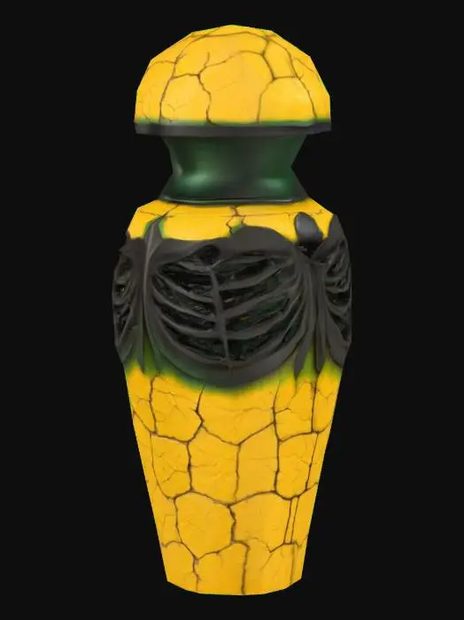 3D model for Gothic urn in shape of an barrel emitting from minor rough cracks. Dark yellow details, titanium black and dark green metallic texture. Hollow Design. Ribcage relief on its sides. H.R. Geiger ribs.