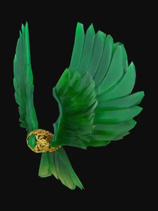 3D model for Green emerald wings of a bird a little curved attached to a bracelet of jade and gold. Symmetric. Golden veins in the feathers.
